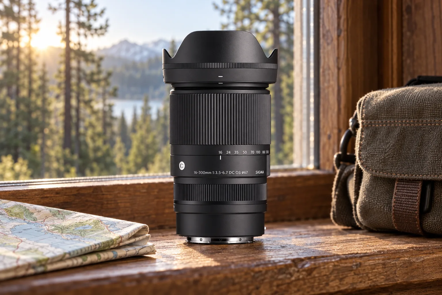 旅先の窓辺に置いたSIGMA16-300mm RFマウント用とカメラバッグ