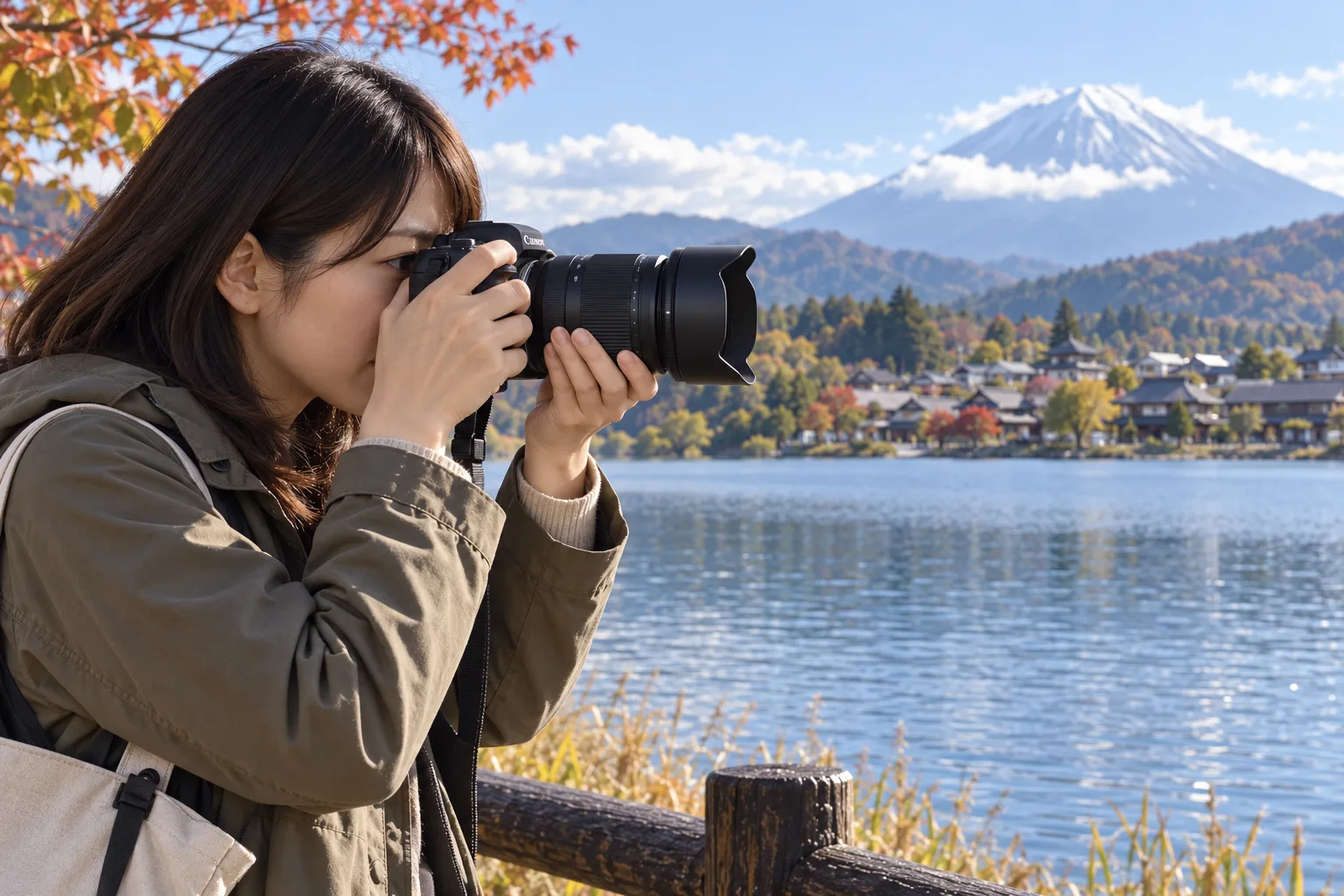 湖畔でSIGMA16-300mm RF用を使い対岸の村と山を撮る女性
