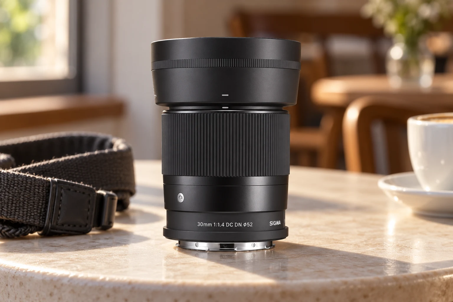 カフェのテーブルに置いたSIGMA 30mm F1.4 DC DN RFマウント用