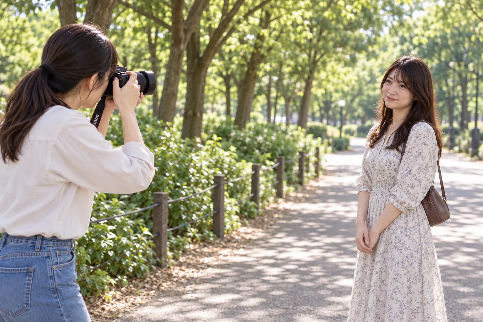 公園でSIGMA56mm F1.4 RF用を使って数メートル離れた友人を撮る女性