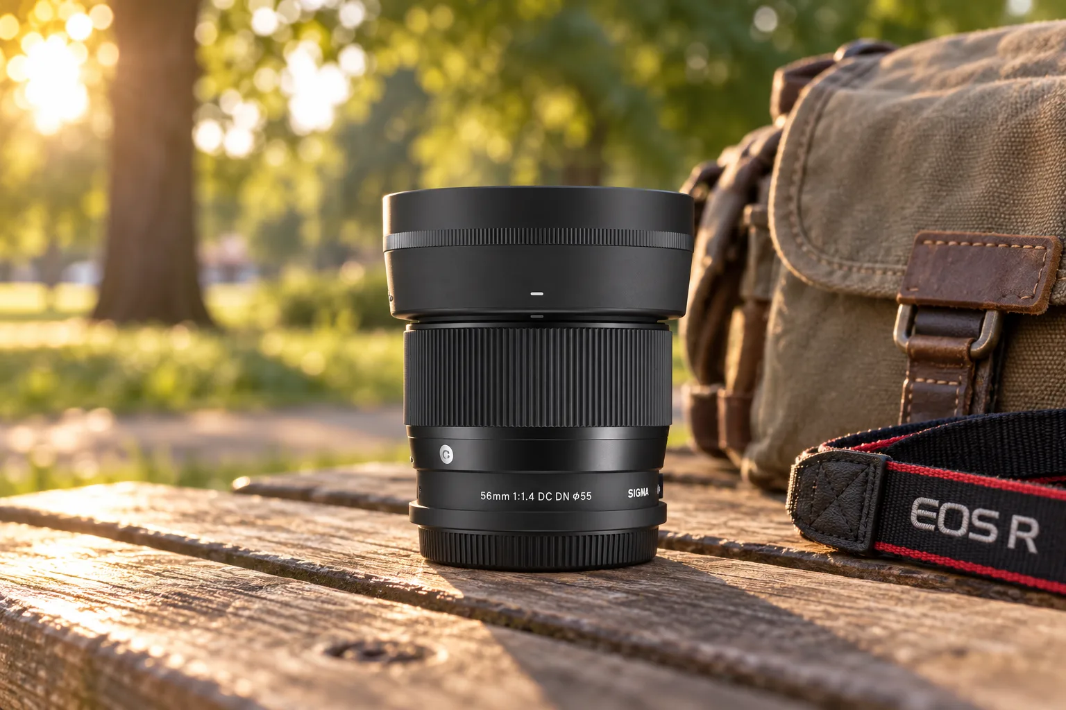 公園のベンチに置いたSIGMA 56mm F1.4 DC DN RFマウント用