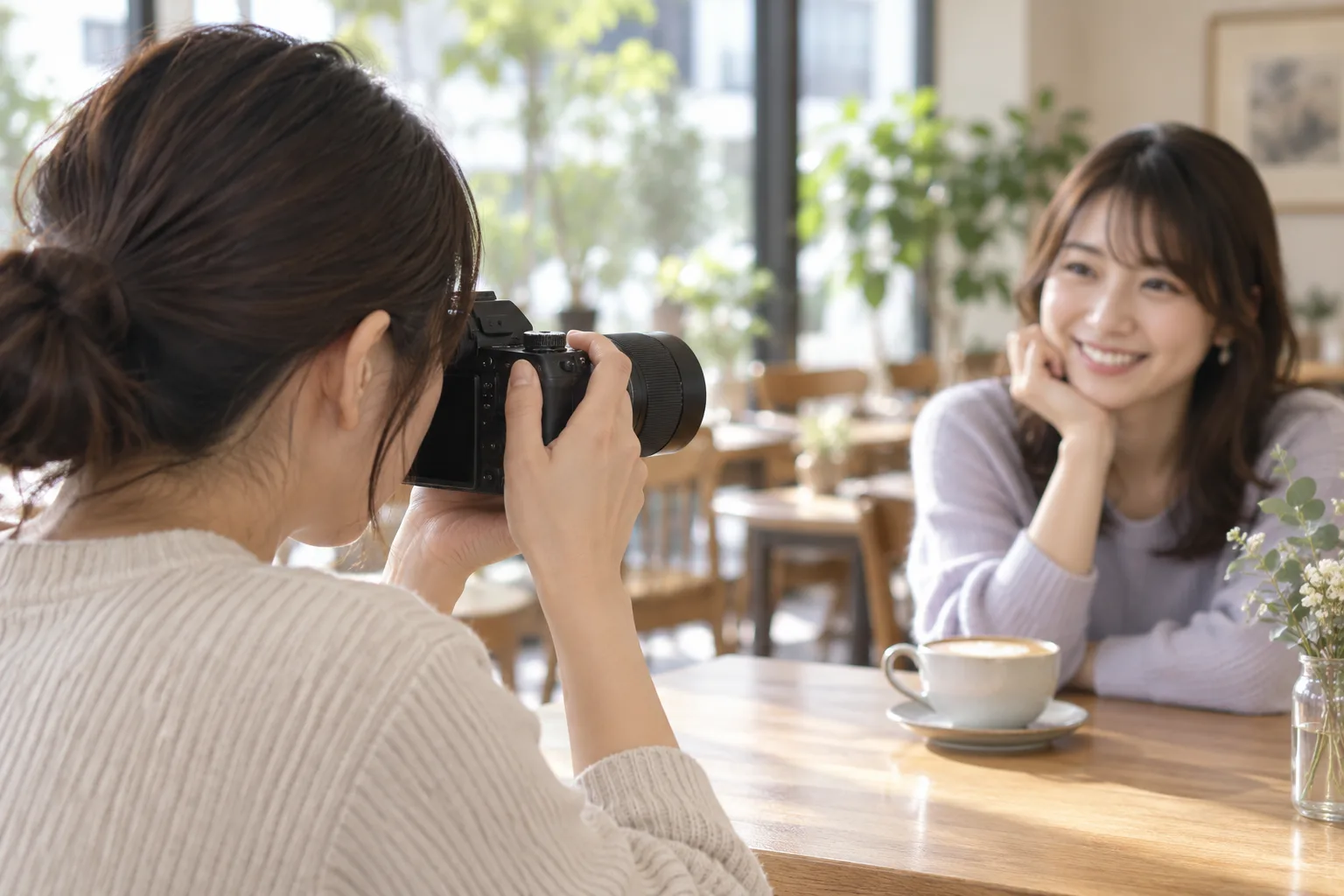 カフェでDXのZカメラと30mmを構え、向かいの友人を撮る場面