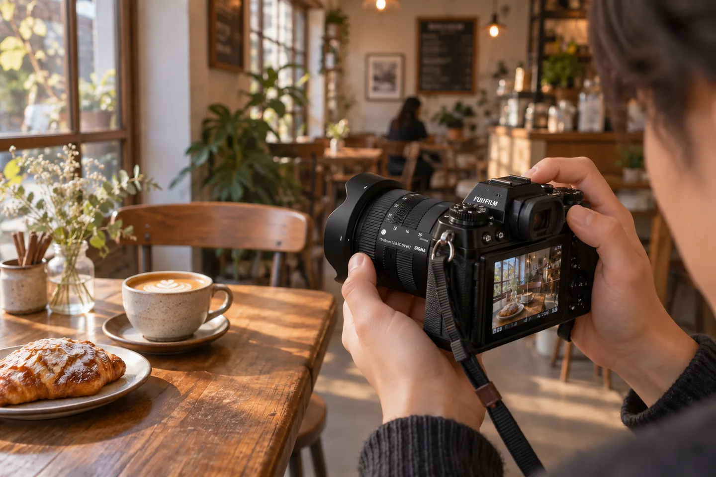 SIGMA 10-18mmを付けたカメラでカフェのテーブルと室内を撮る場面