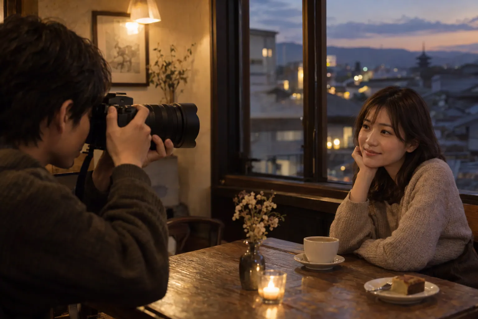 暖かい照明のカフェで友人へカメラを向ける人