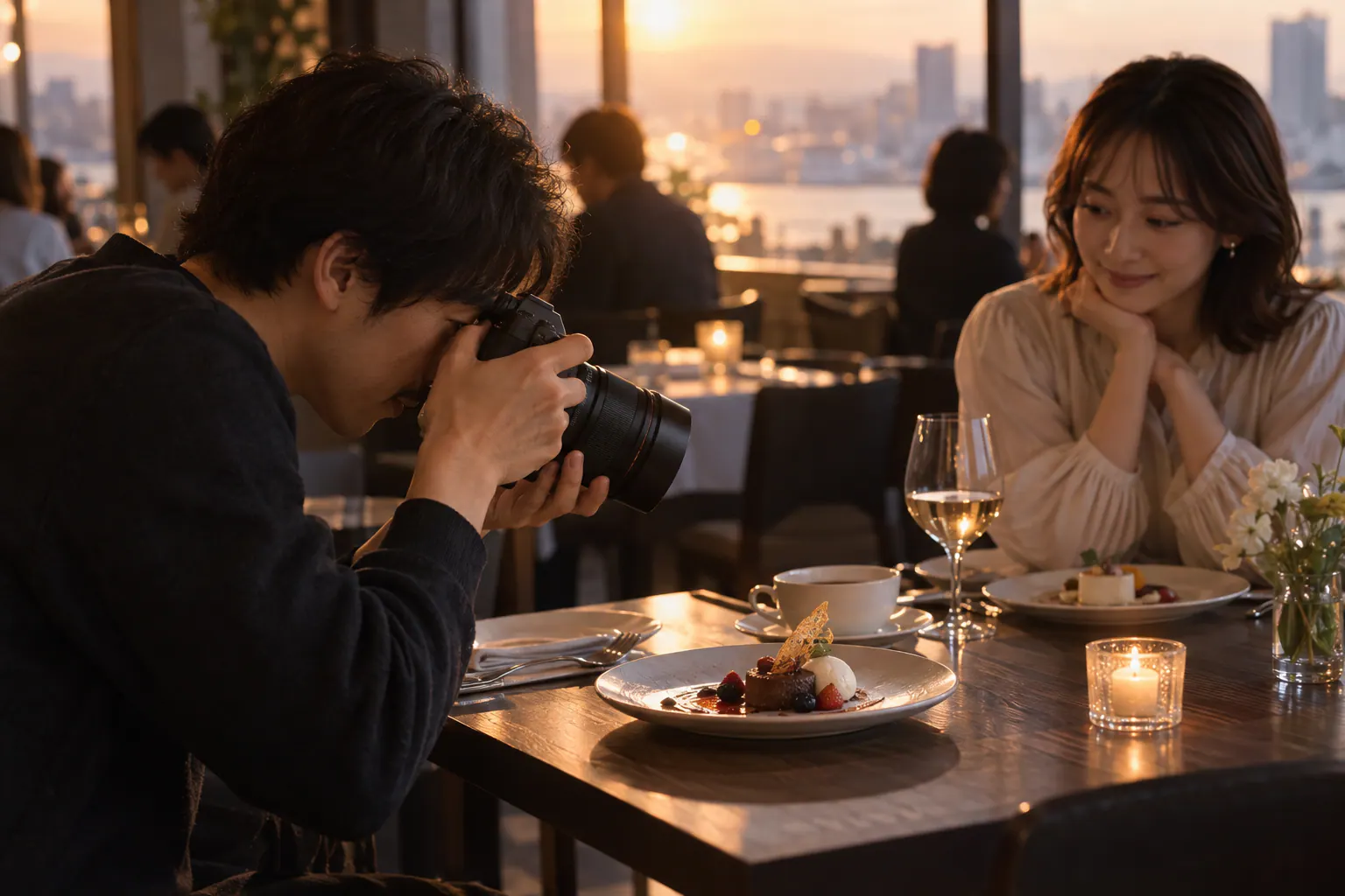 カフェのテーブルでデザートへカメラを向ける場面