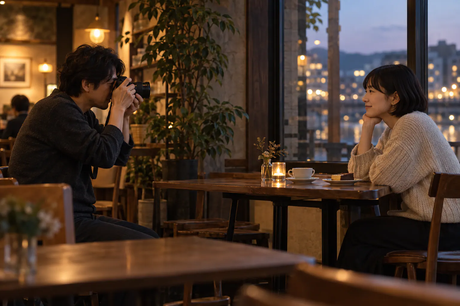 夕方のカフェで少し離れた友人へカメラを向ける場面