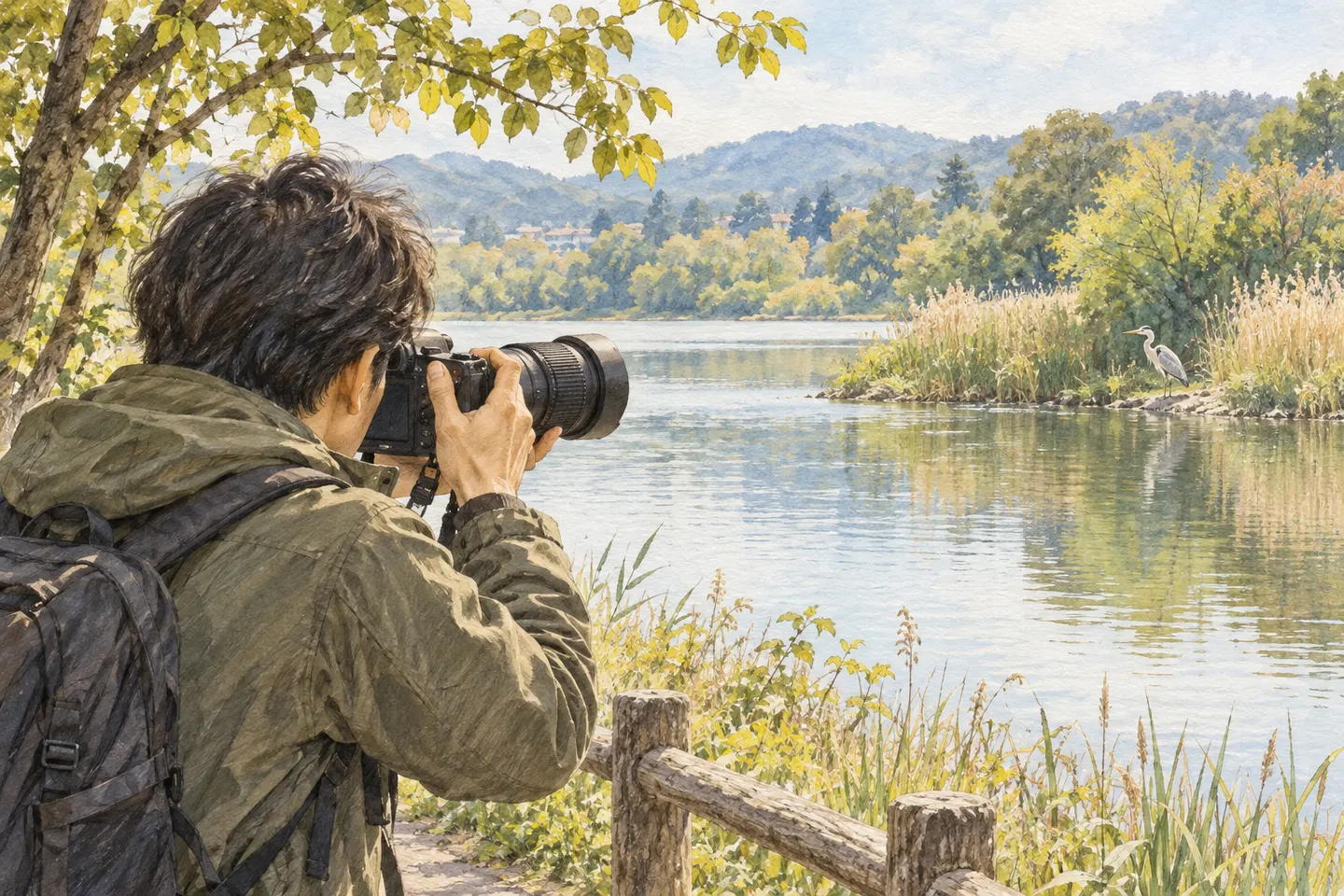 湖の対岸に立つ野鳥へ、望遠レンズ付きのカメラを向ける撮影者の挿し絵