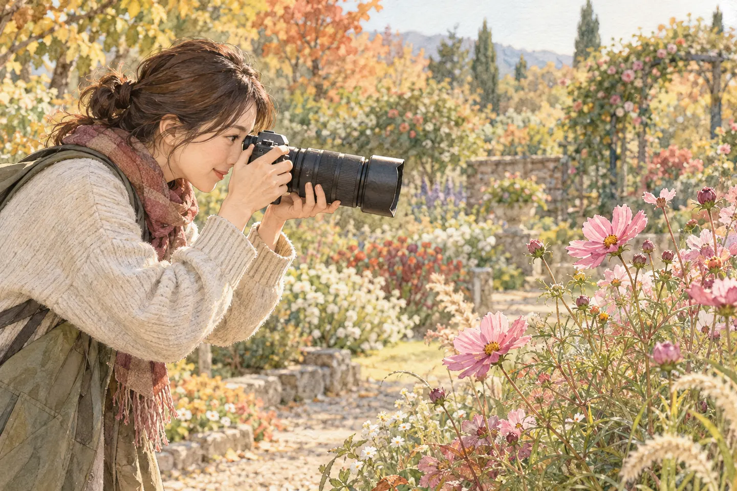 花壇の外から、少し離れた花へ望遠レンズ付きのカメラを向ける場面