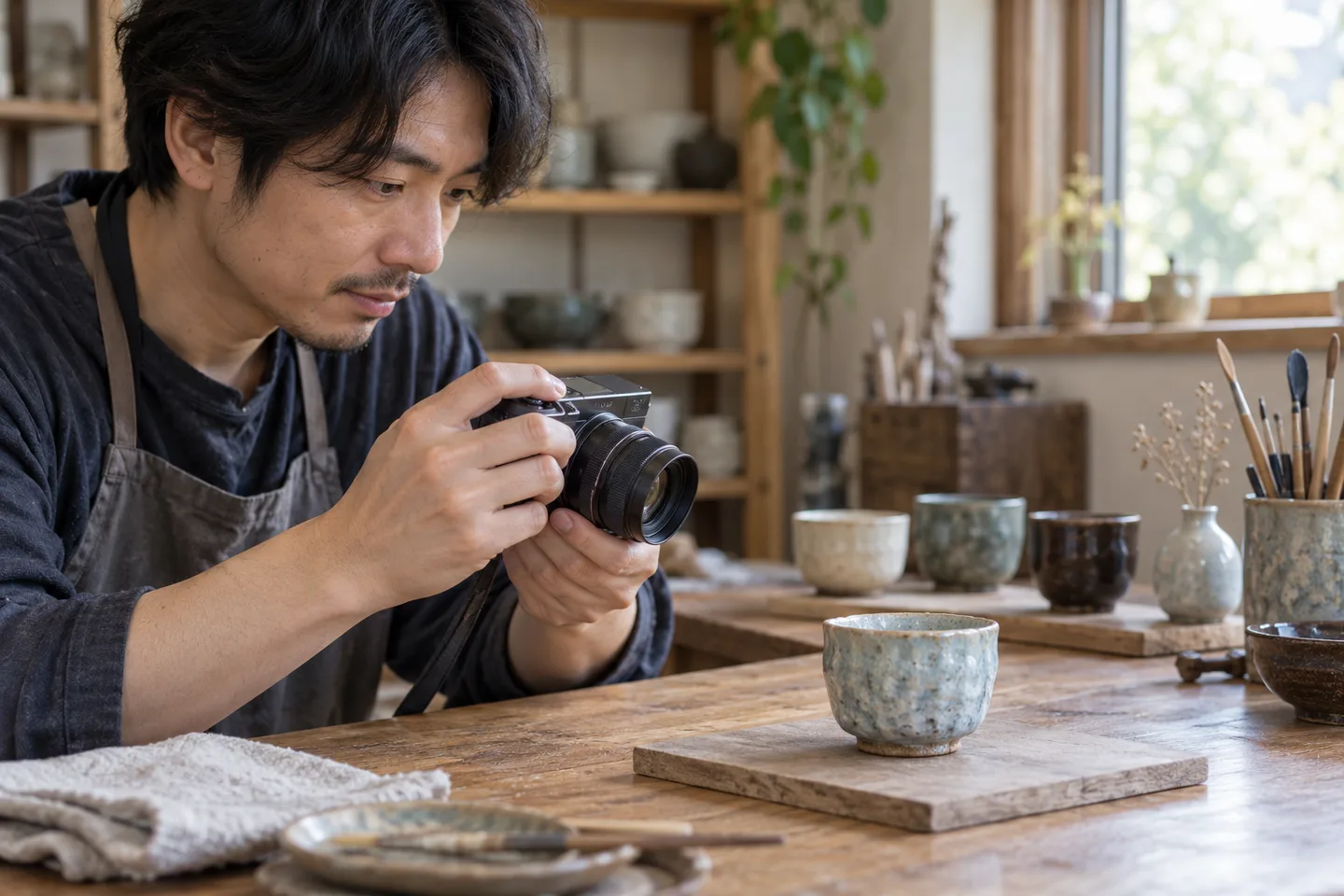 自分で作った陶器のカップへ小型カメラを向ける男性