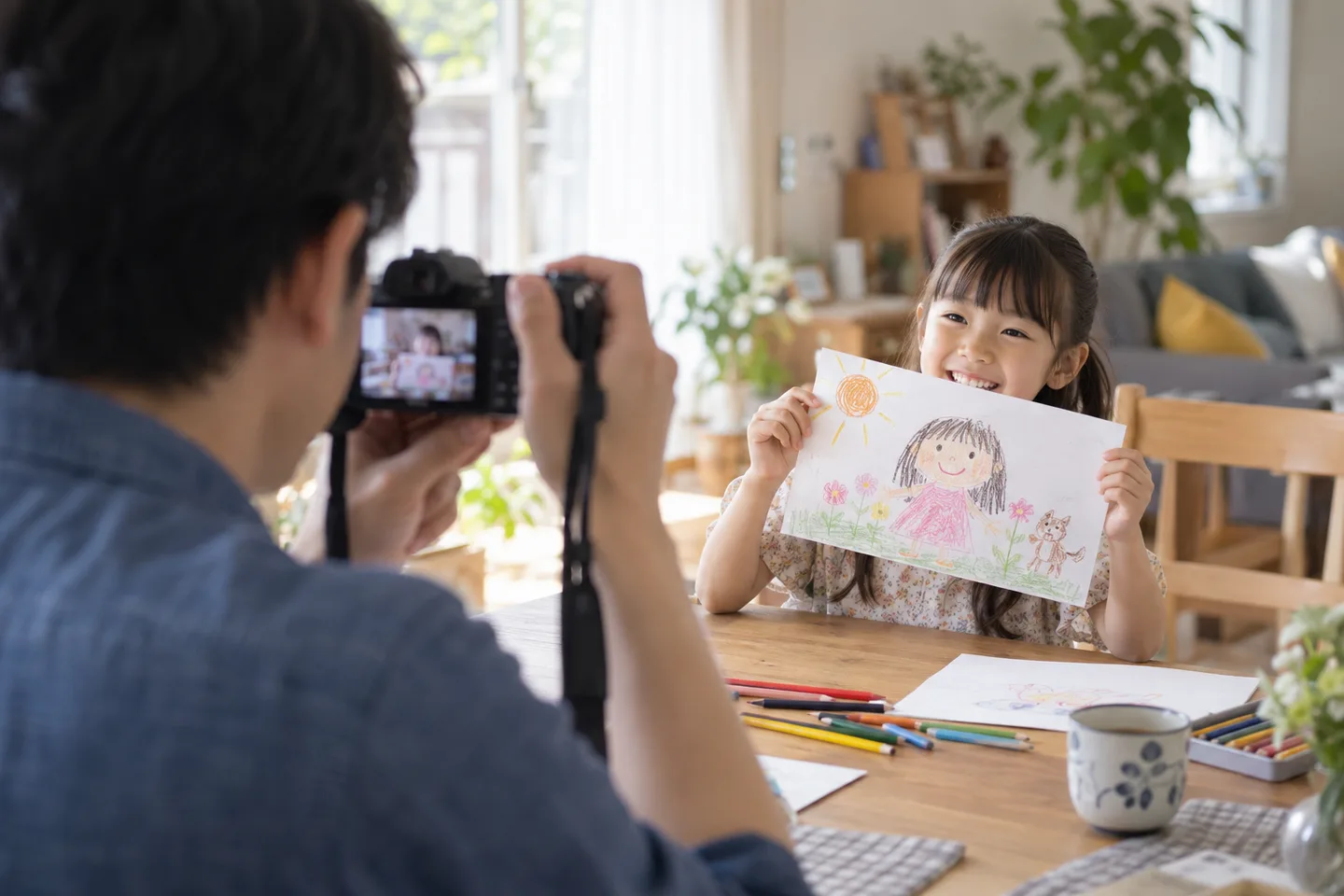 室内で絵を見せる子どもへカメラを向ける父親の撮影場面