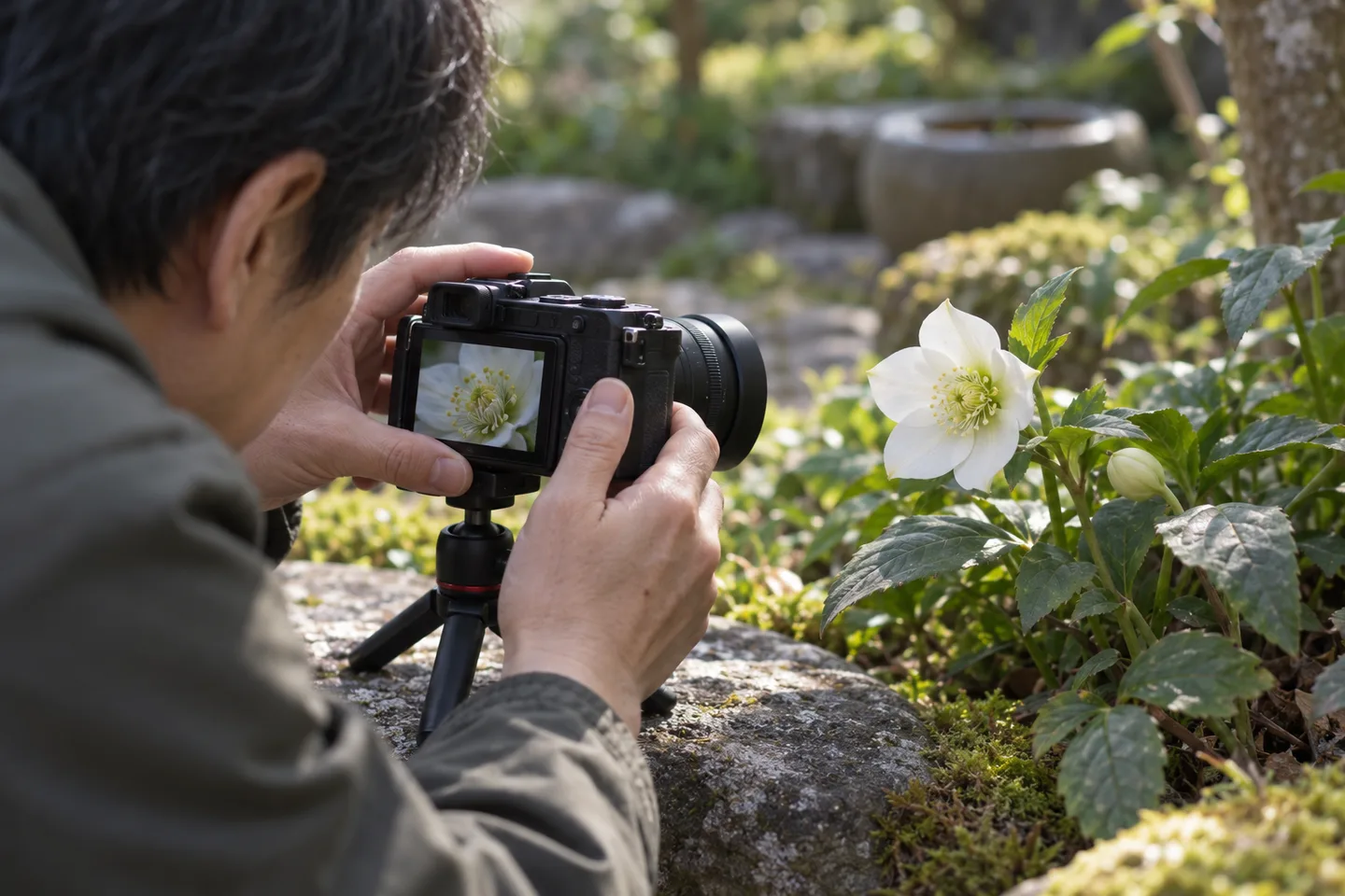庭の小さな白い花へ三脚に載せたカメラを近づけて撮る場面