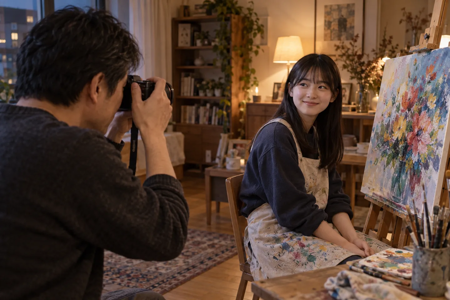 描き終えた絵の横に座る娘へカメラを向ける父親