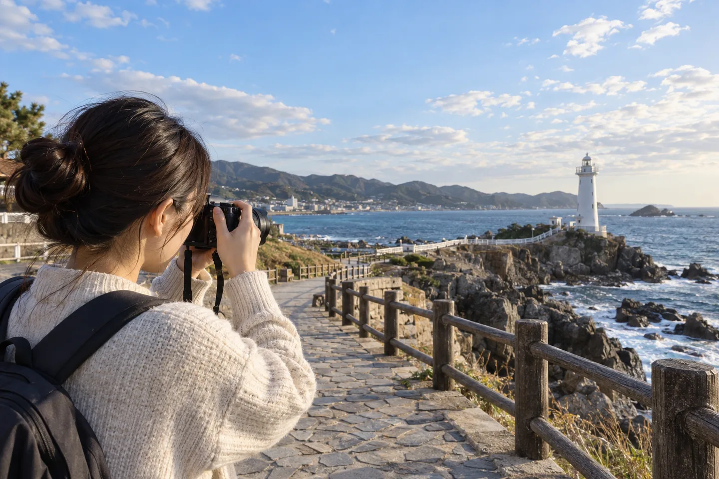 海沿いの遊歩道で灯台と海へ小さなカメラを向ける旅行者の撮影場面