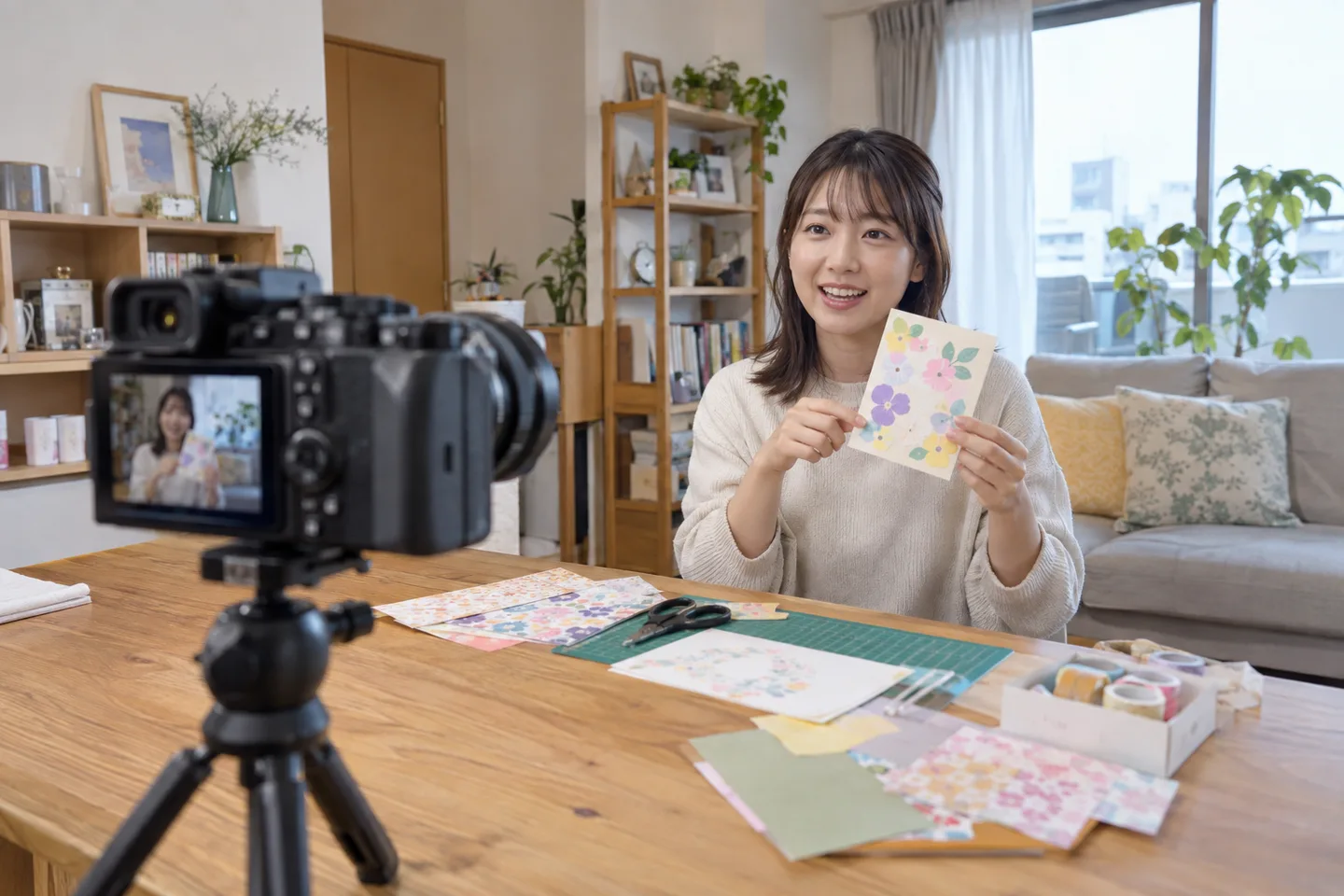 小さな部屋で工作を紹介する人物へ三脚に載せたカメラを向ける動画撮影場面