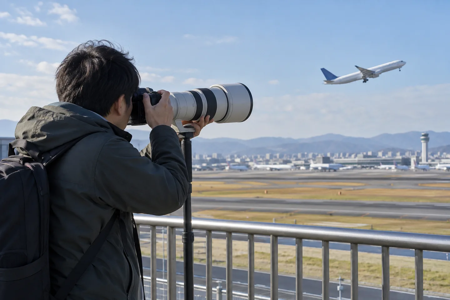 展望デッキから一脚で支えた超望遠ズームを離陸する飛行機へ向ける男性