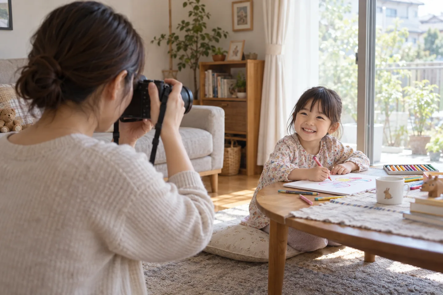窓辺でお絵描きする子どもの笑顔へカメラを向ける母親