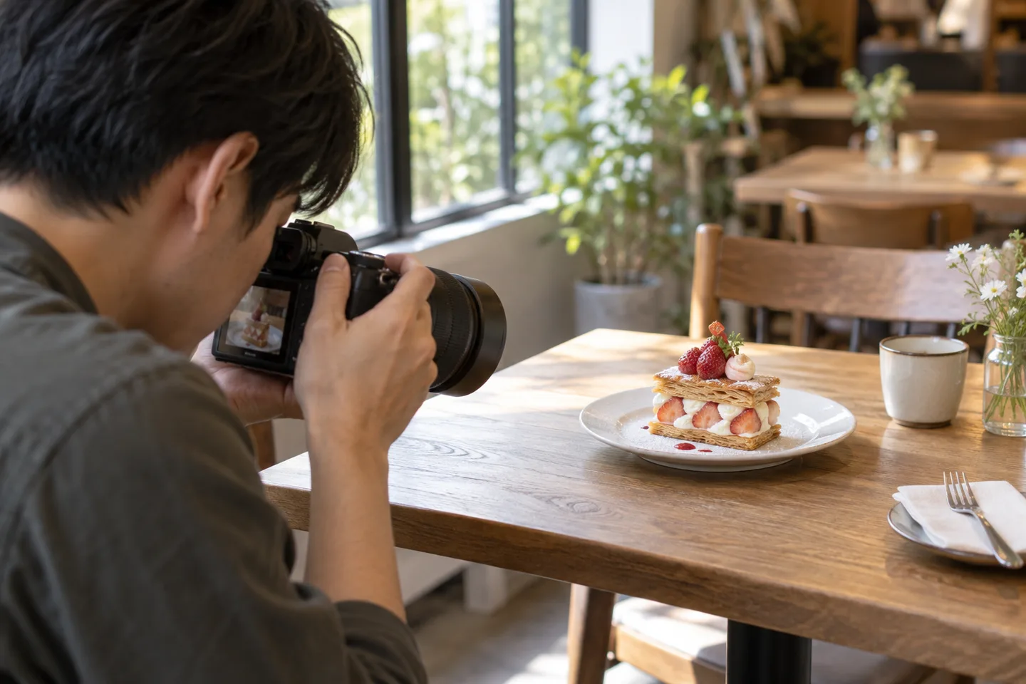 窓辺のカフェでミルフィーユへ標準ズームを向ける男性