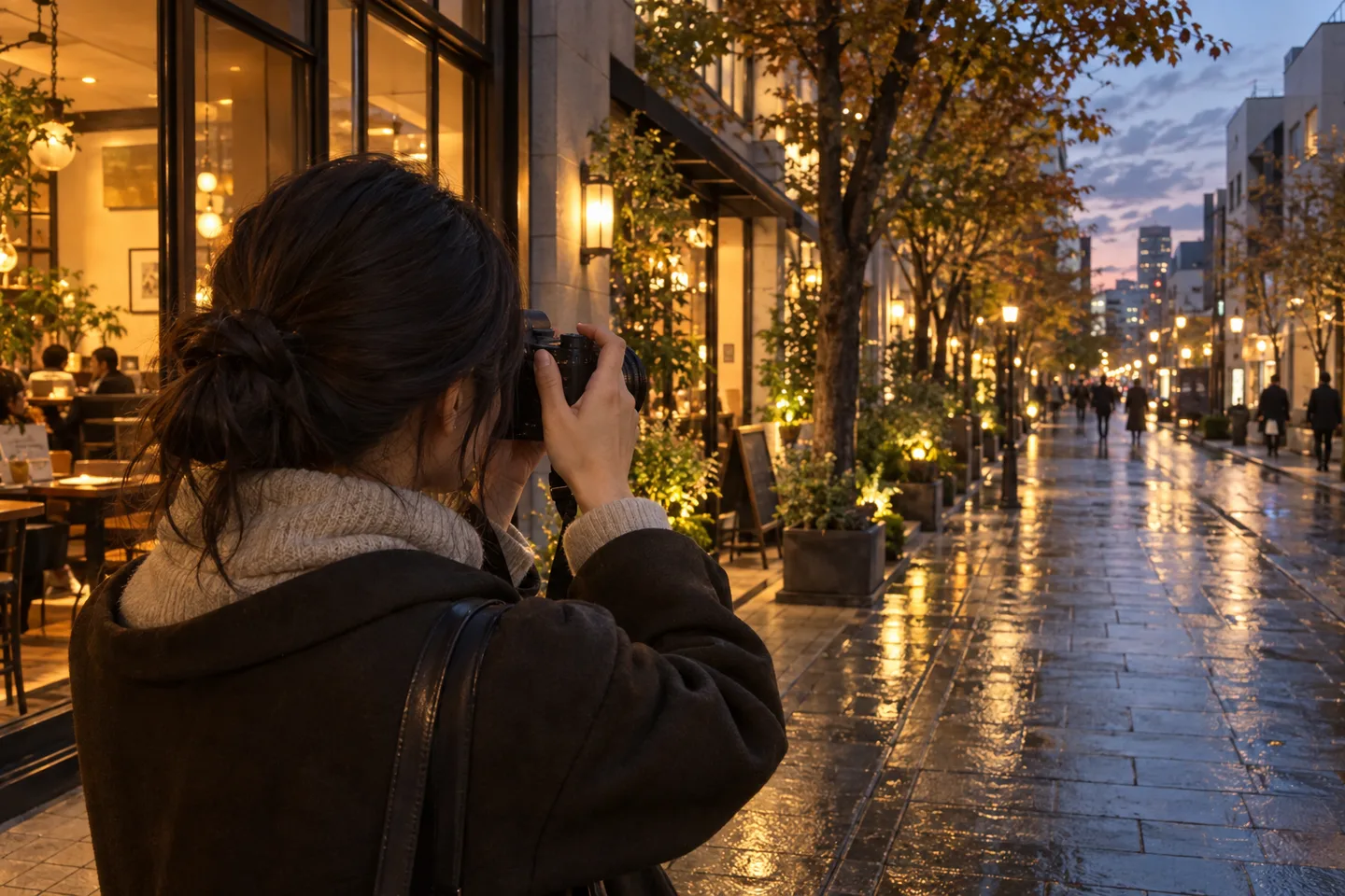 夕暮れのカフェの灯りと街路樹へカメラを向ける女性