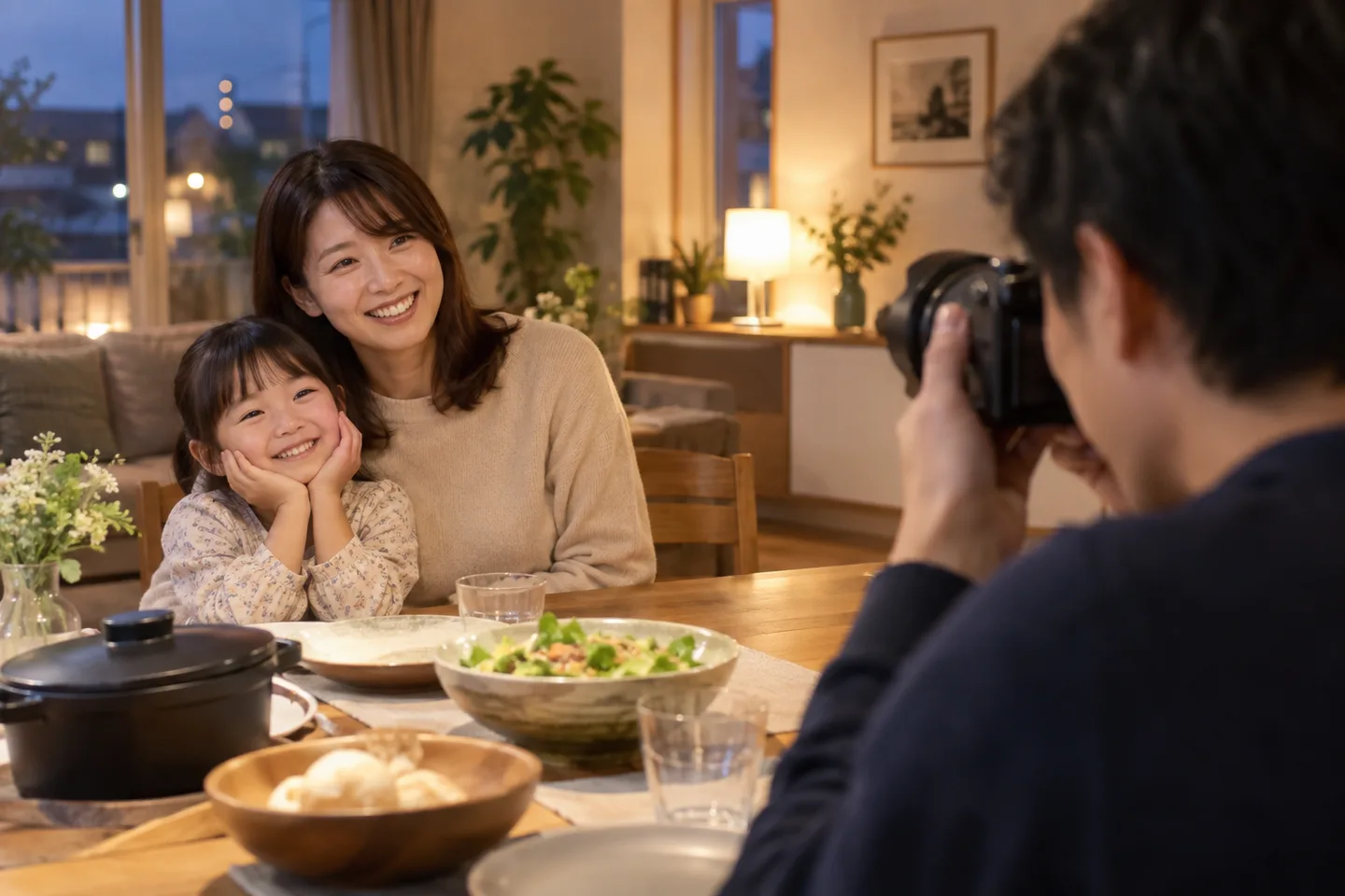 夕食のテーブルで母親と子どもの笑顔へカメラを向ける父親