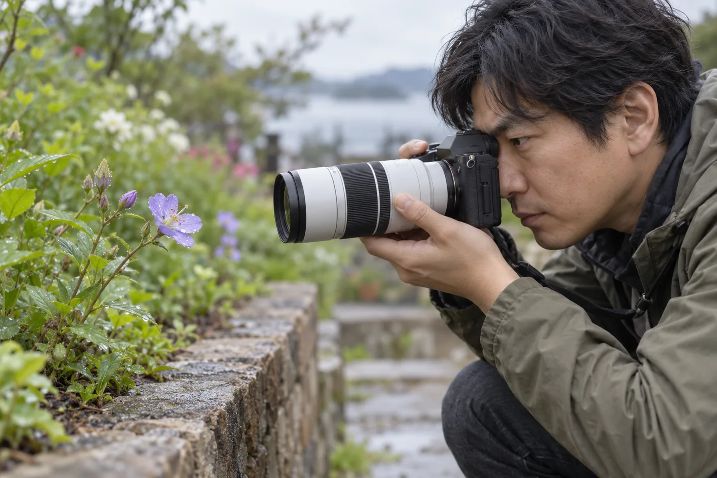 花壇の小さな紫の花へ望遠ズームを向けて近接撮影する男性