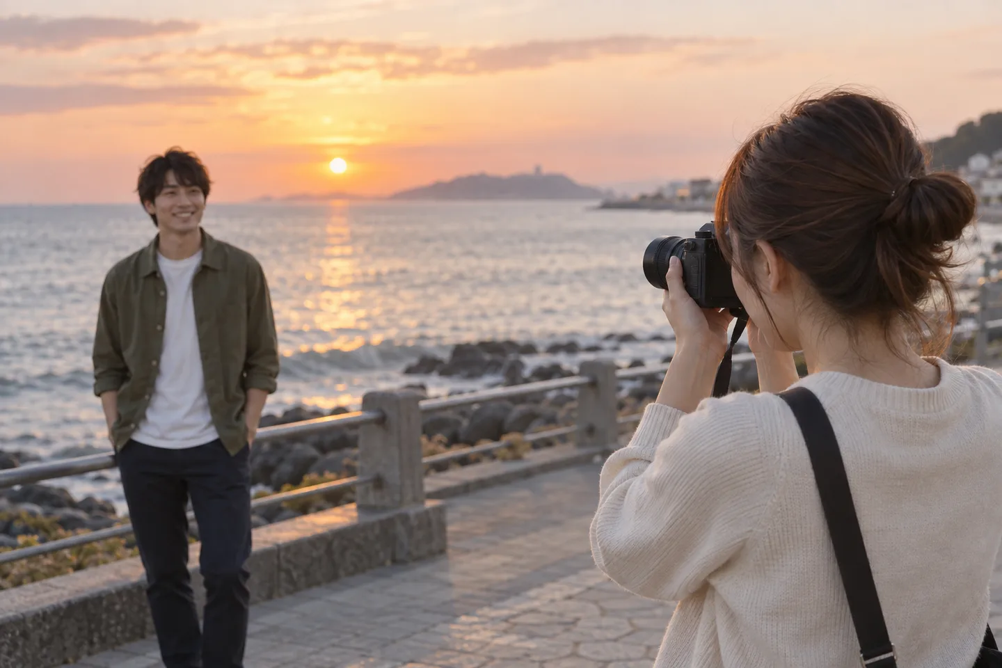 海辺の夕日を背に立つ男性へカメラを向ける女性
