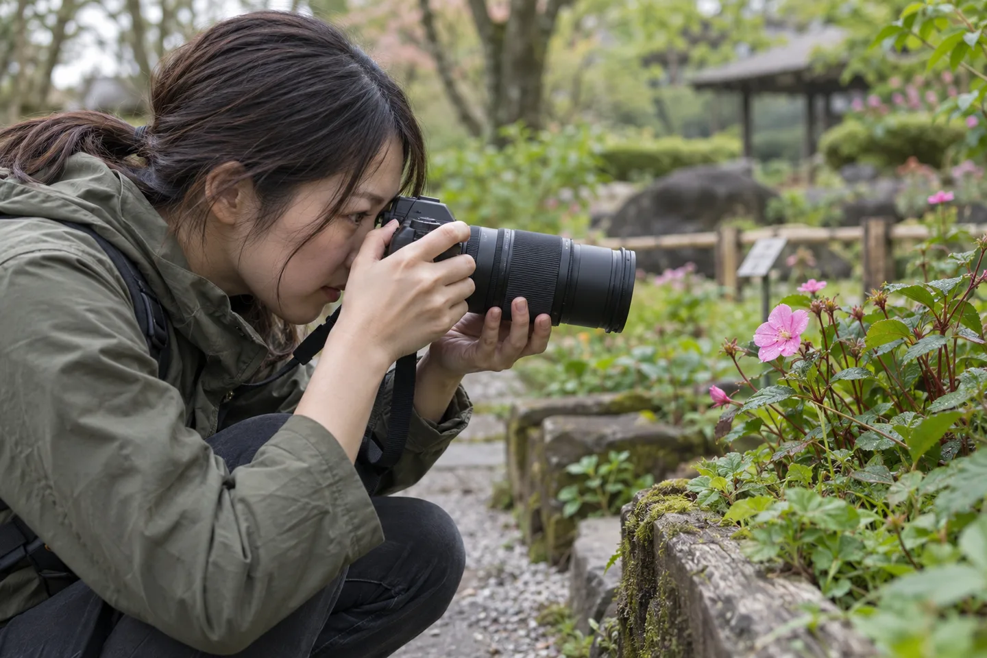 植物園の小さなピンクの花へマクロレンズを向ける女性