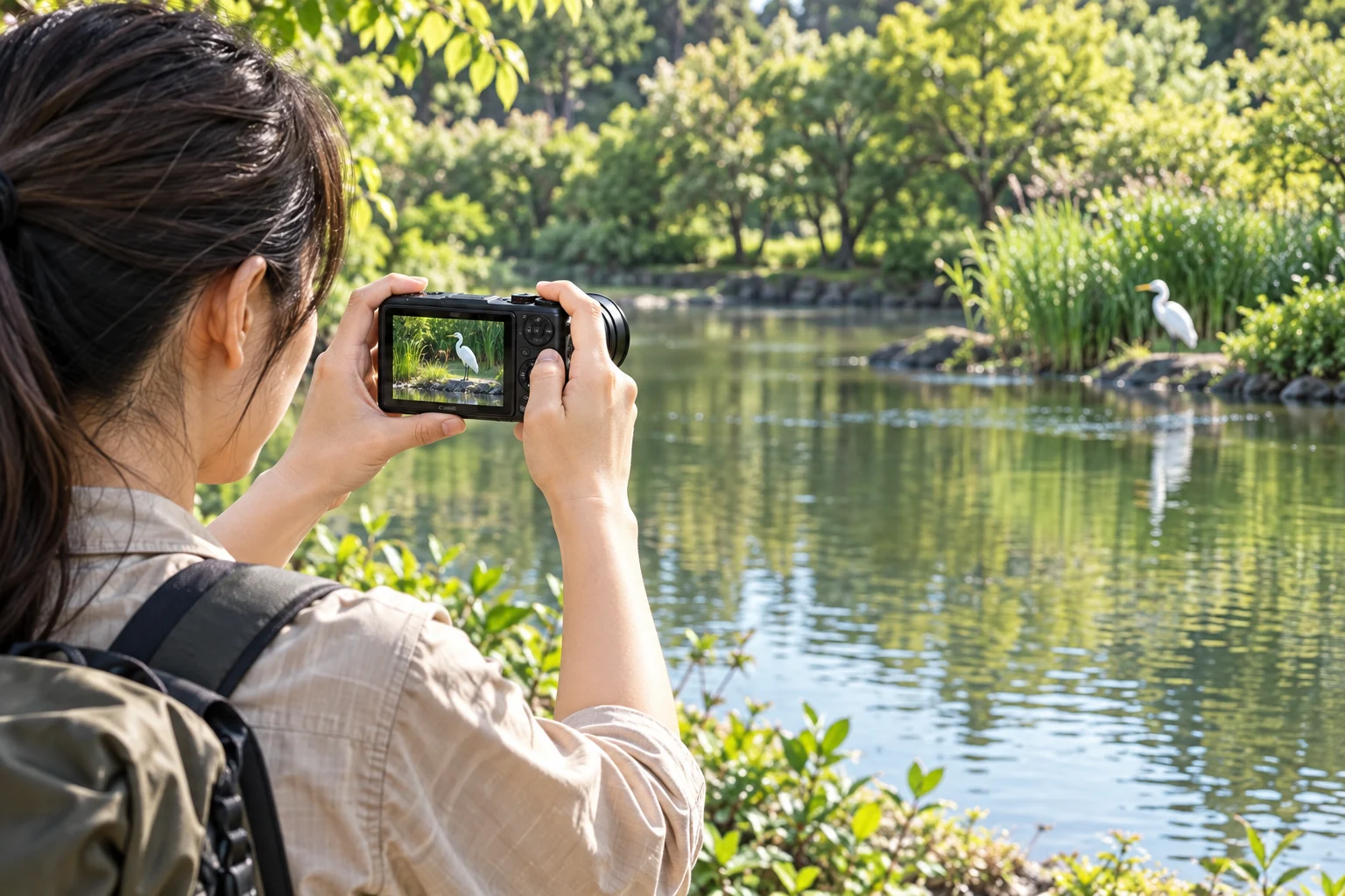 池の岸でSX740 HSの内蔵ズームを遠くの白い鳥へ向ける旅行者