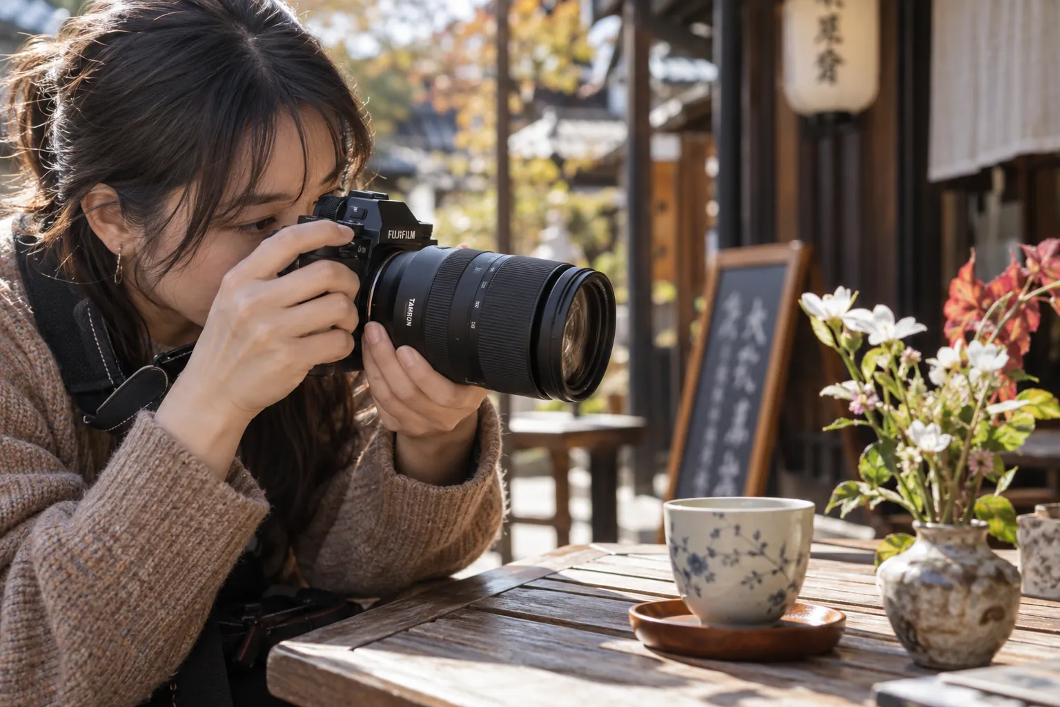 カフェの料理と花へカメラを近づけて撮る場面