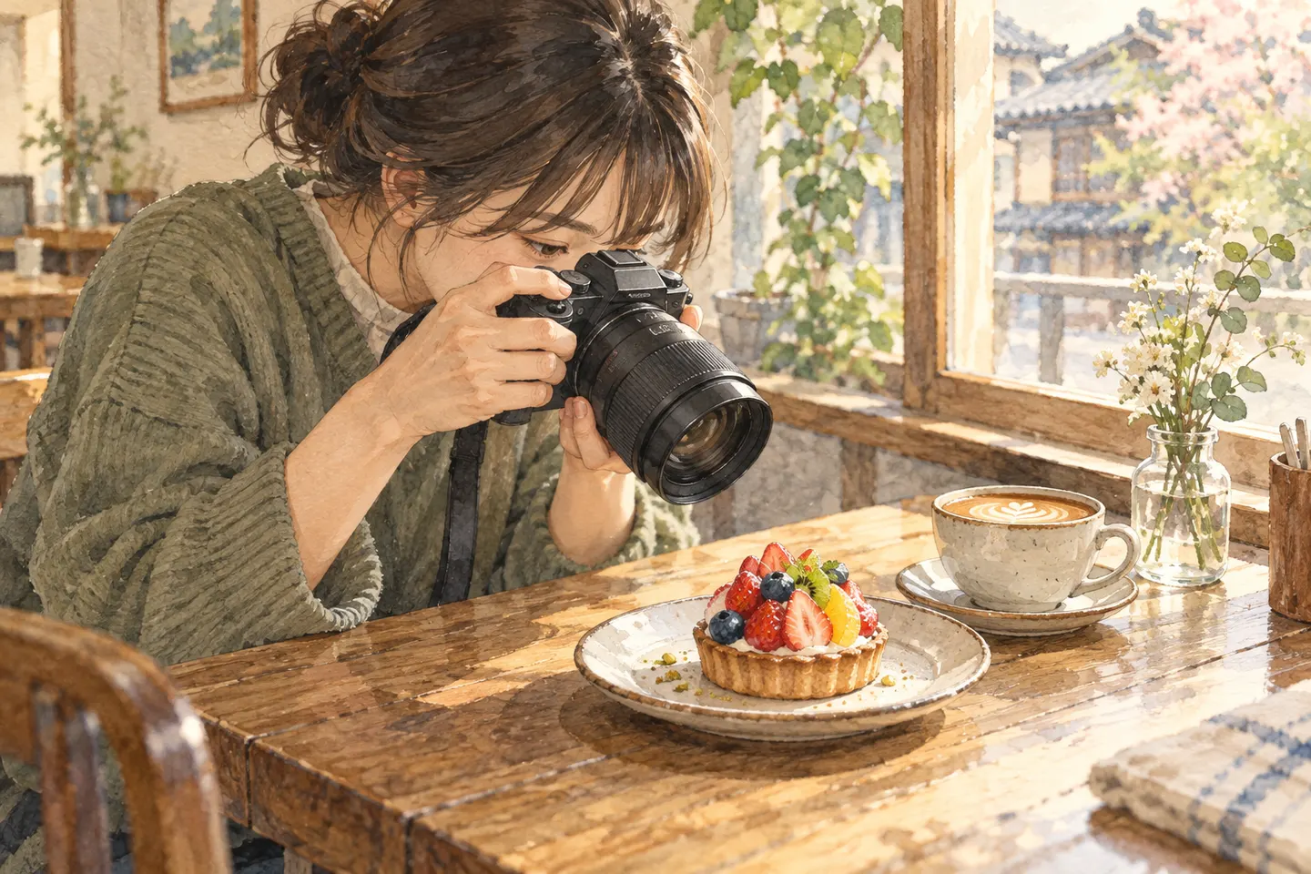 カフェの席でタルトへカメラを近づける撮影者の挿し絵