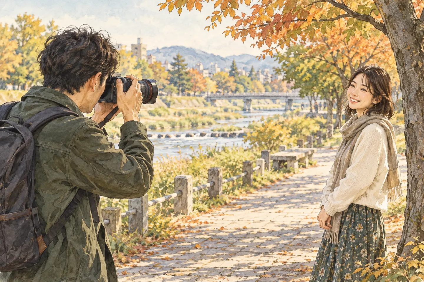 川沿いの公園で、同行者の笑顔へカメラを向ける撮影者の挿し絵
