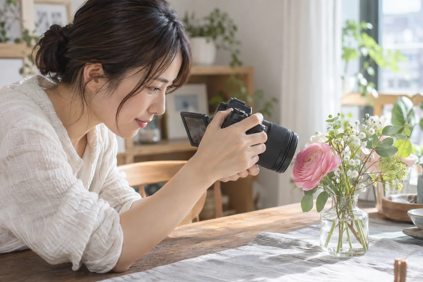 窓辺の花束のピンクの花へカメラを近づける女性
