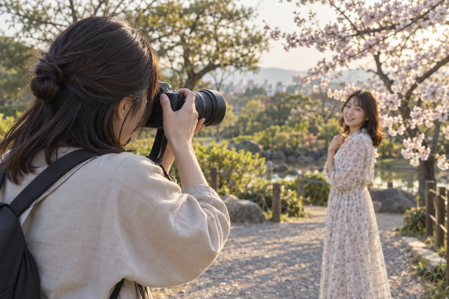 公園に立つ友人へ黒い望遠ズームを向ける女性