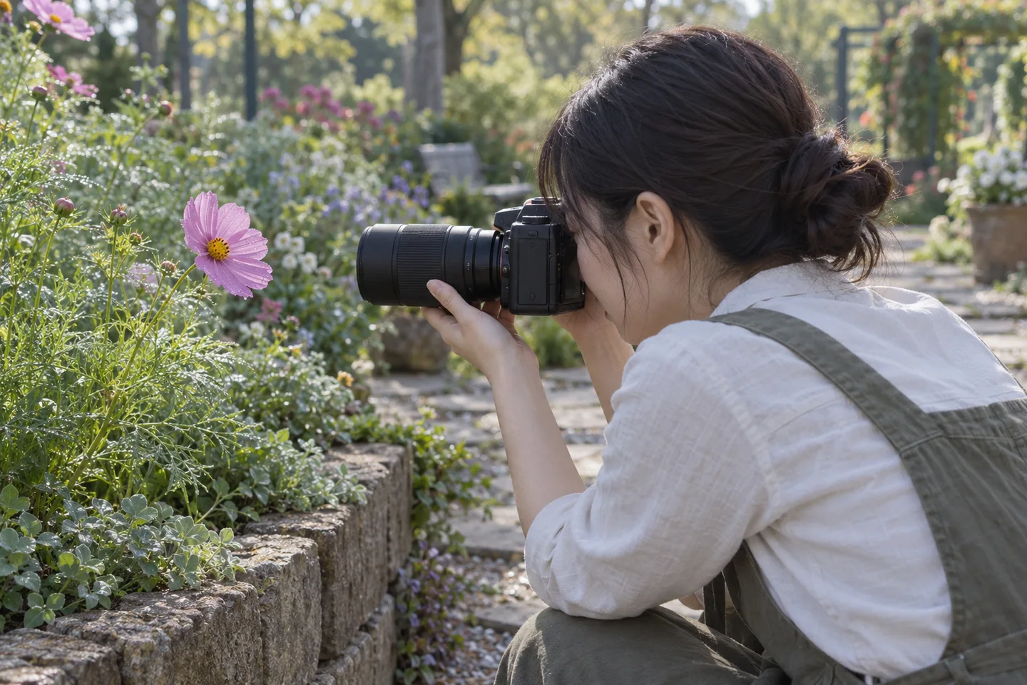 花壇のコスモスへマクロレンズを向ける女性
