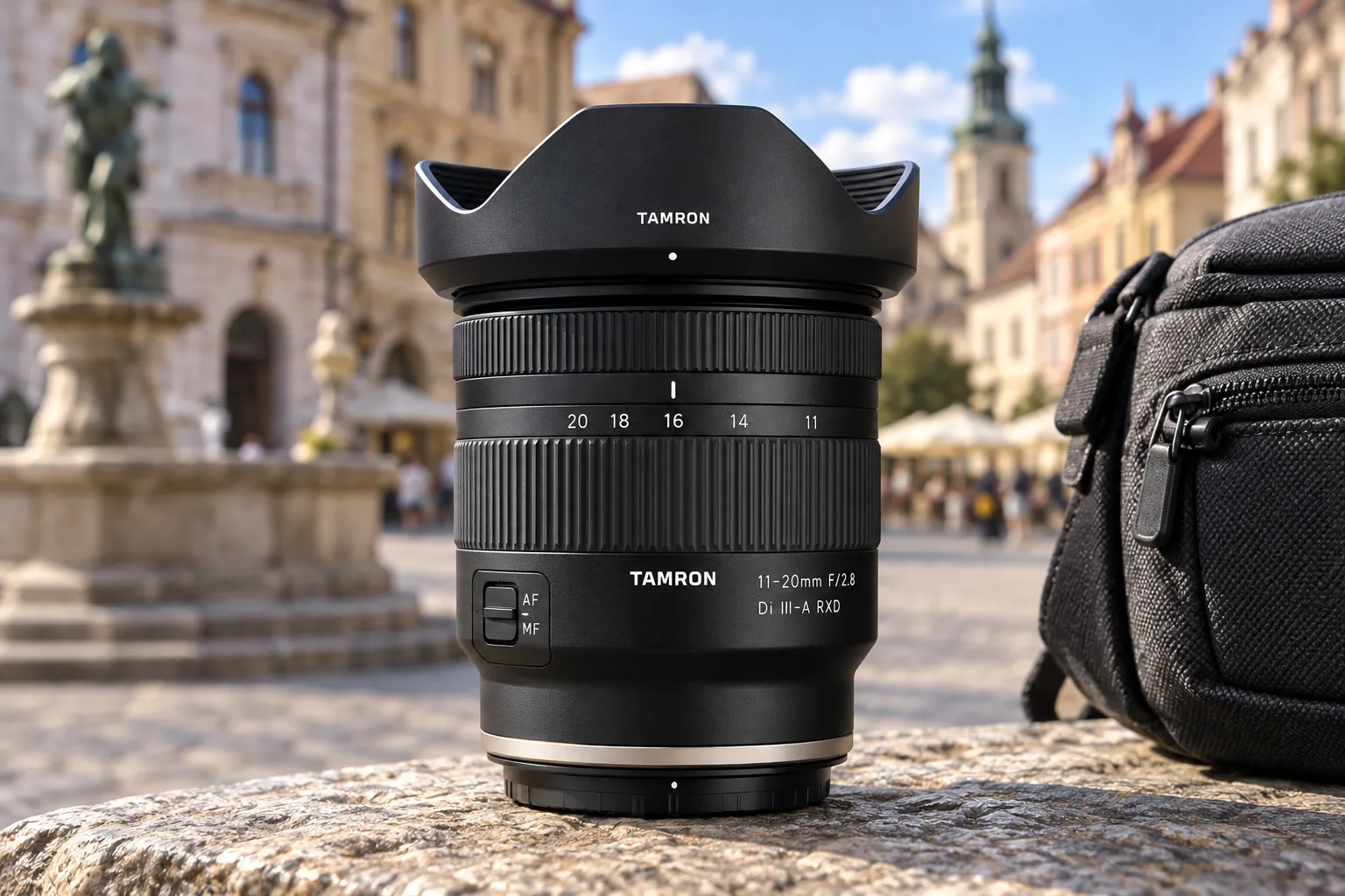 旅先の石畳に置いたTAMRON11-20mm RF用とカメラバッグ