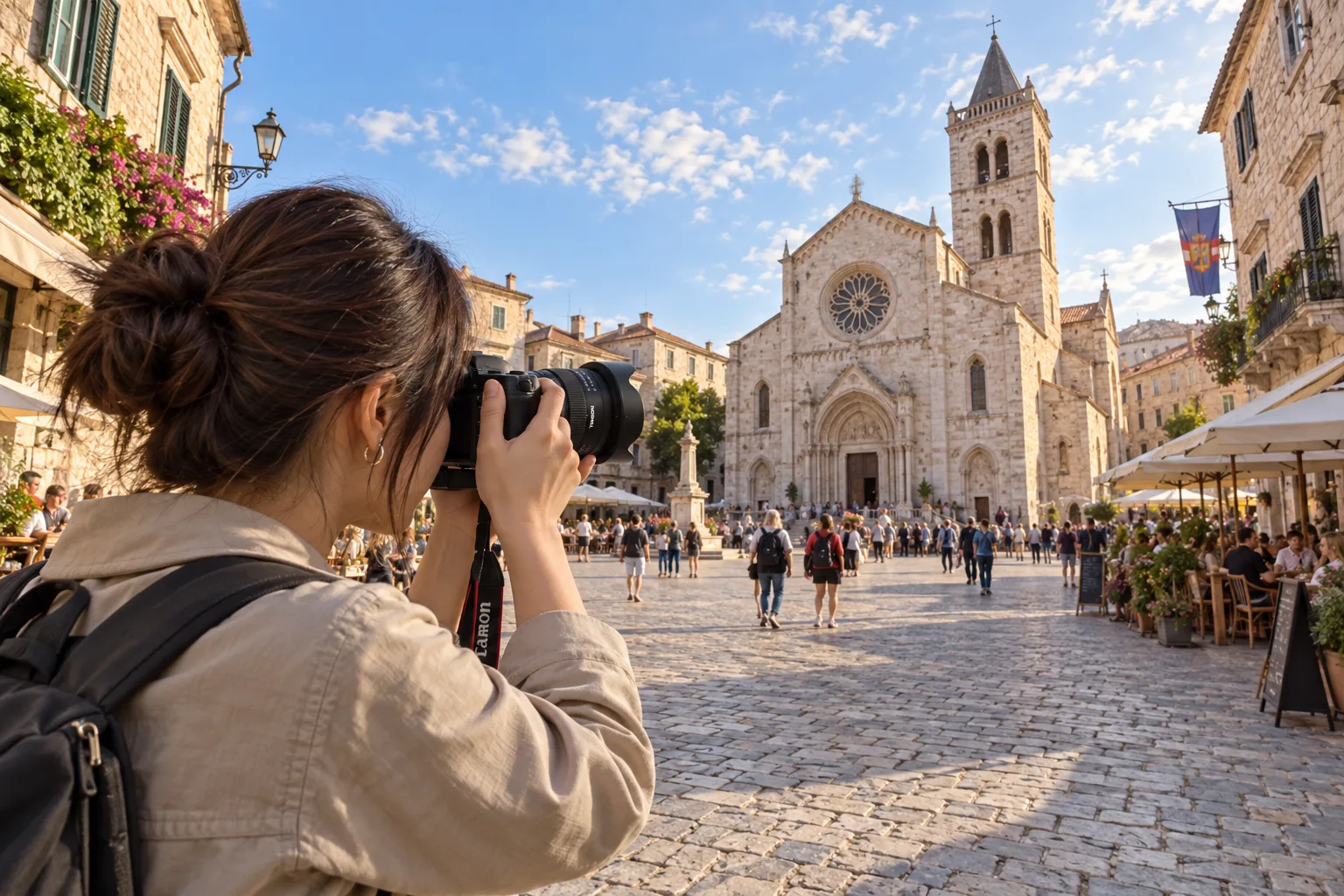 TAMRON11-20mm RF用で旅先の石造りの教会と広場を撮る女性