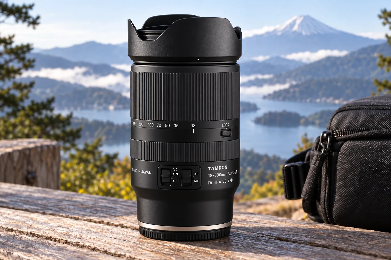 湖畔のベンチに置いたTAMRON18-300mm RF用とカメラバッグ
