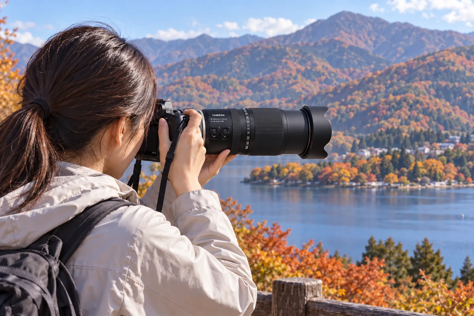 TAMRON18-300mm RF用で湖の対岸にある紅葉と山を撮る女性