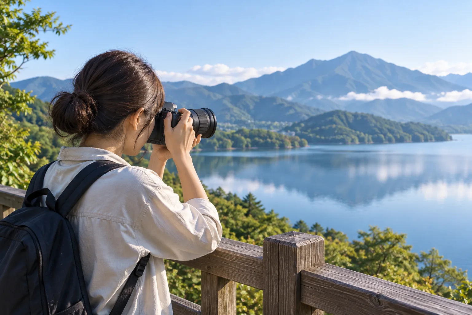 湖畔の展望デッキから、タムロン17-70mmを付けたカメラで湖と山を撮る旅行者