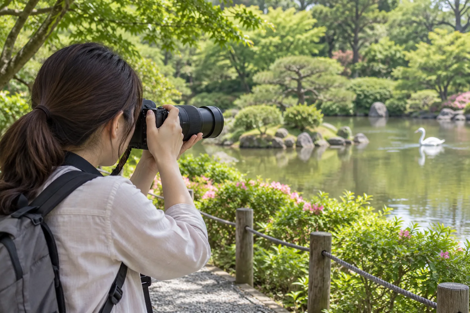 庭園でDXのZカメラと18–300mmを構え、池の向こうの水鳥を撮る場面
