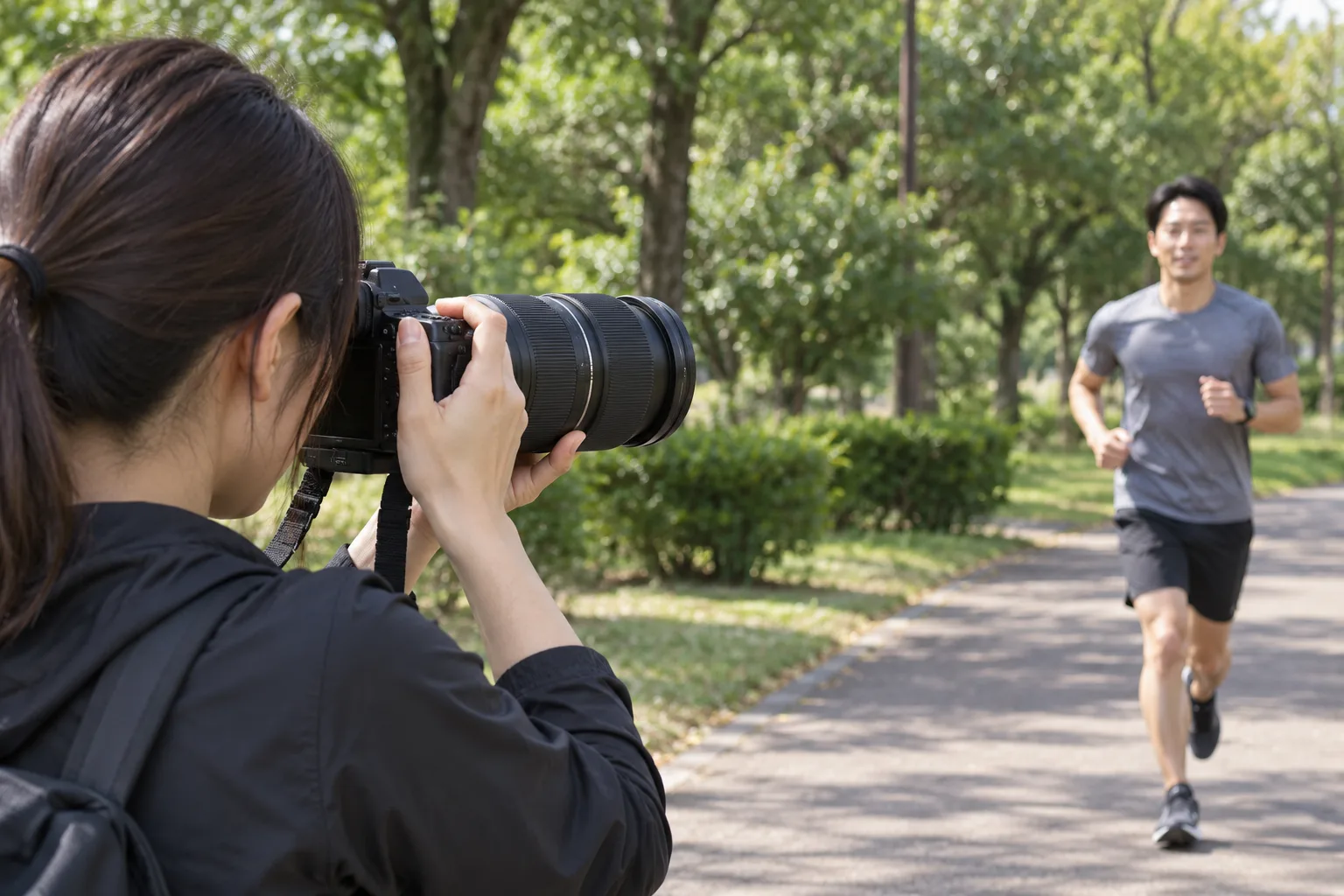 公園でフルサイズのZカメラと70–180mm G2を構え、走る友人を撮る場面