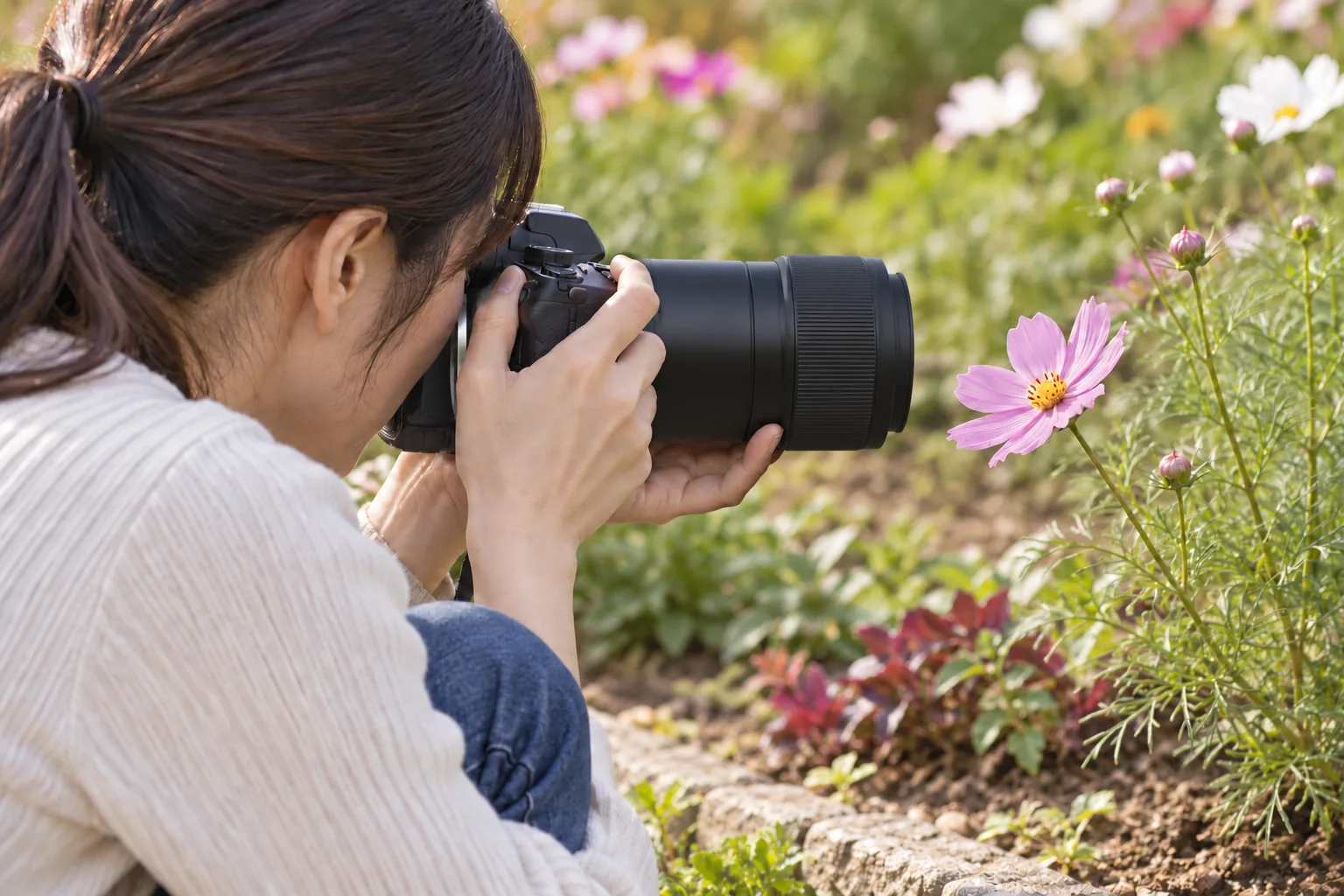 花壇の横でフルサイズのZカメラと90mmマクロを構え、一輪の花へ寄って撮る場面