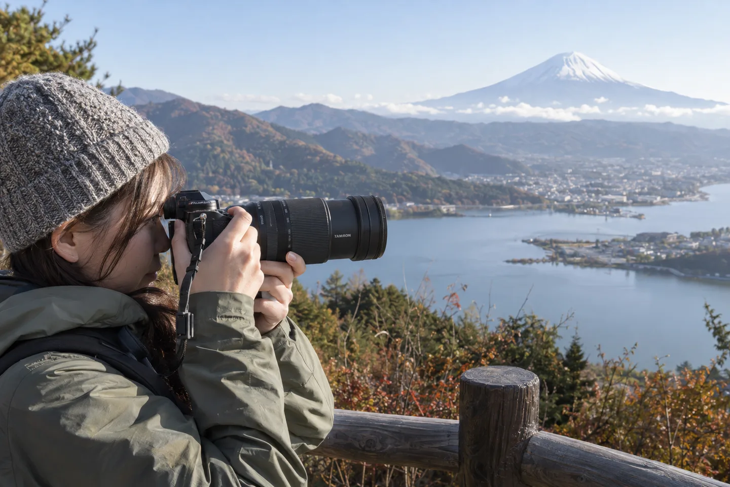 タムロン18-300mmを付けたカメラで湖畔の景色を撮る場面