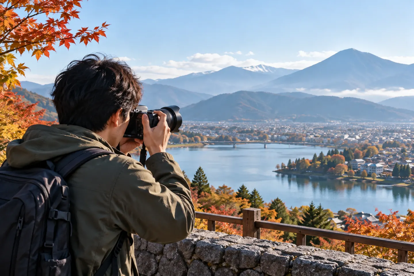 旅先の展望台から湖や街へカメラを向ける場面