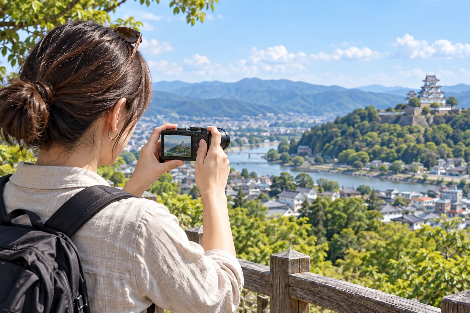 見晴らし台でTZ99のレンズを遠くの城へ向けて撮影する旅行者