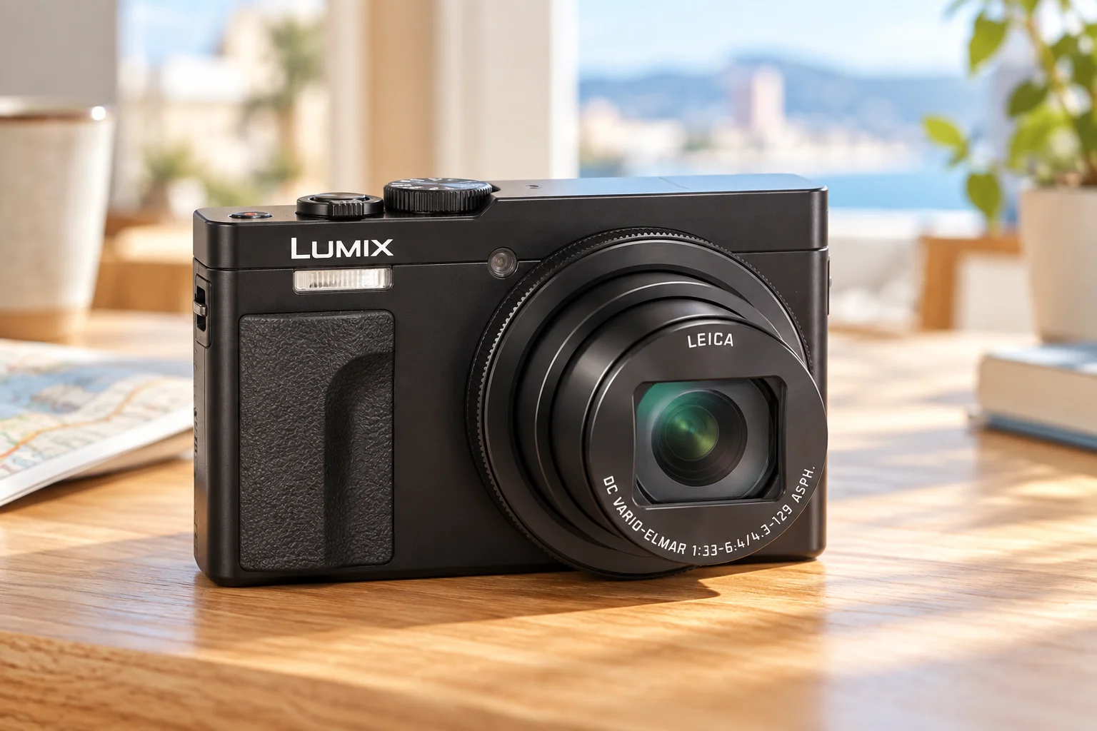 LUMIX TZ99ブラックの外観を参考に生成したカメラ単体のイメージ