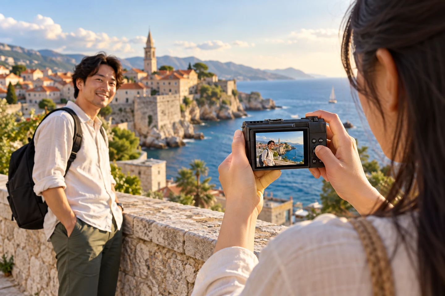 PowerShot V1の背面液晶を見て、海辺の街を背景に立つ同行者を撮る旅行者