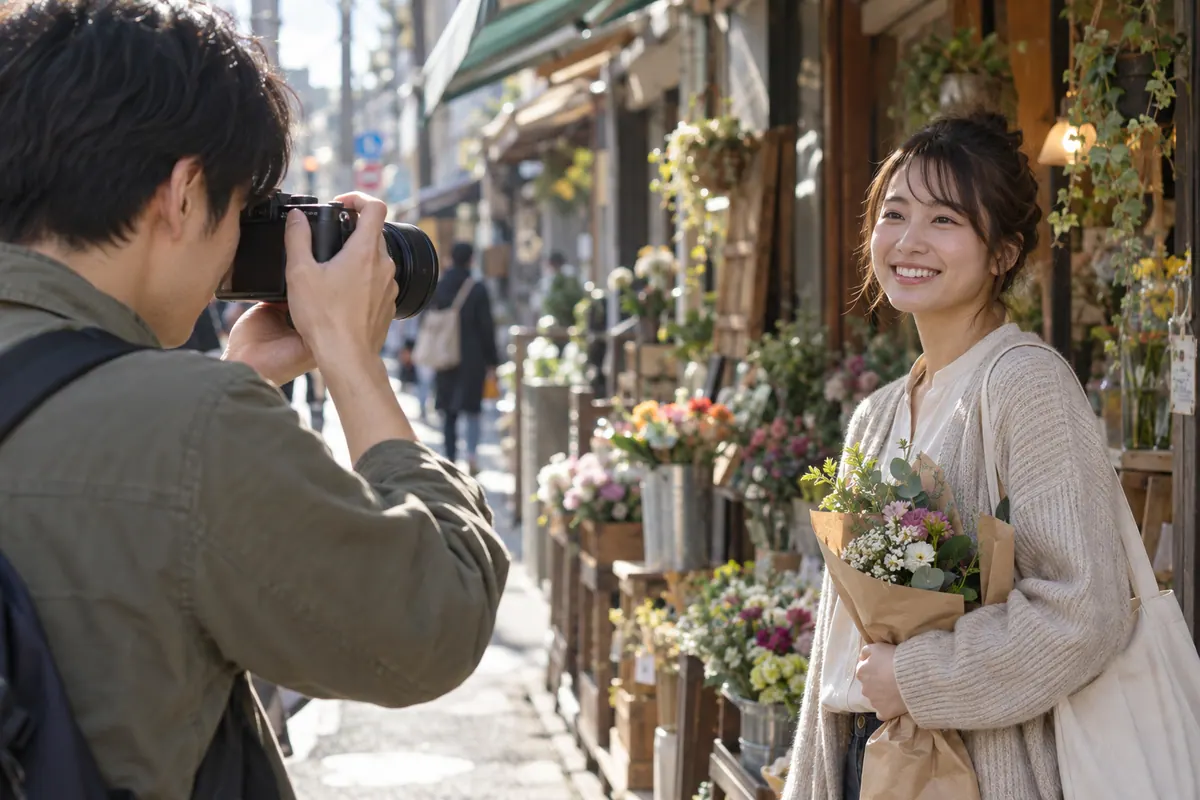 XC35mmF2を付けたカメラで花屋の前の友人を撮る場面