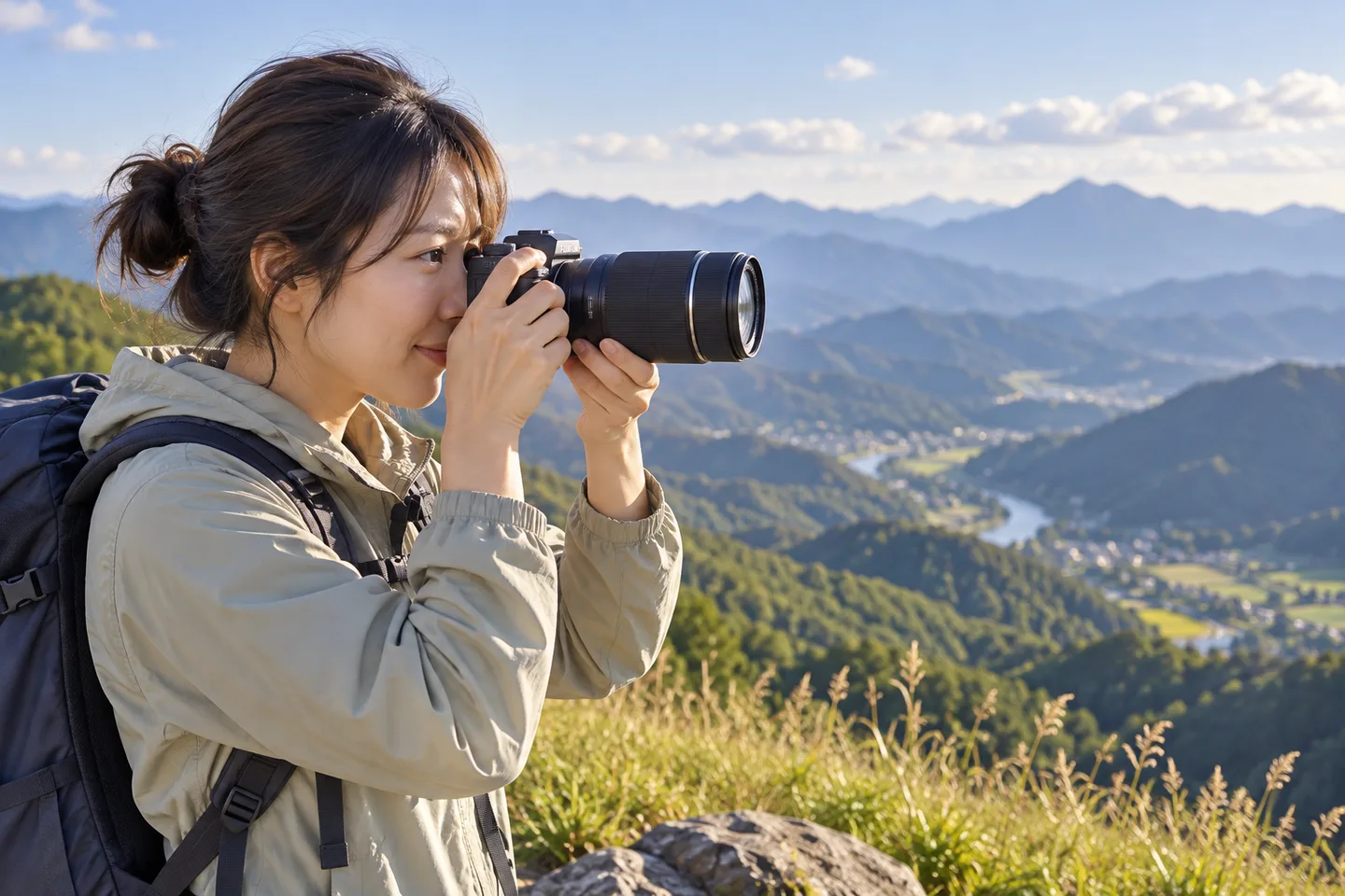 旅先でXC50-230mmを付けたカメラを持ち、遠くの山並みを撮る場面