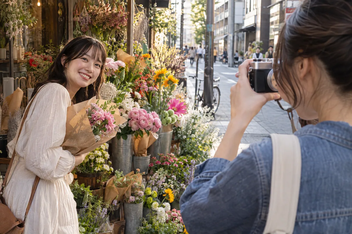 花店の前で花を持つ友人へカメラを向ける場面