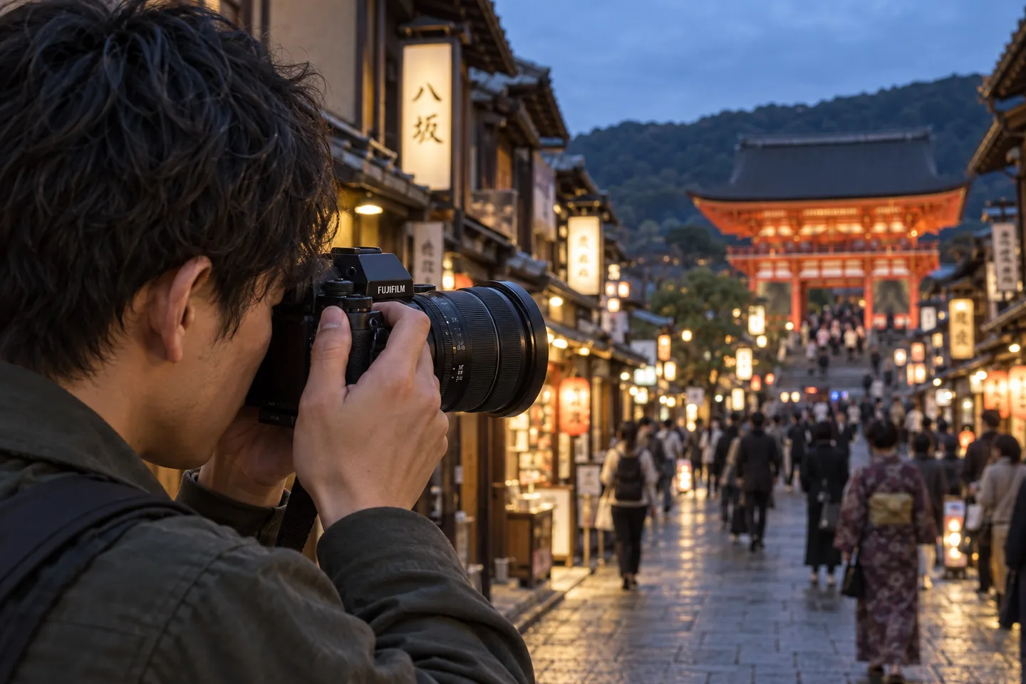 XF16-80mmF4を付けたカメラで夕方の街を撮る場面